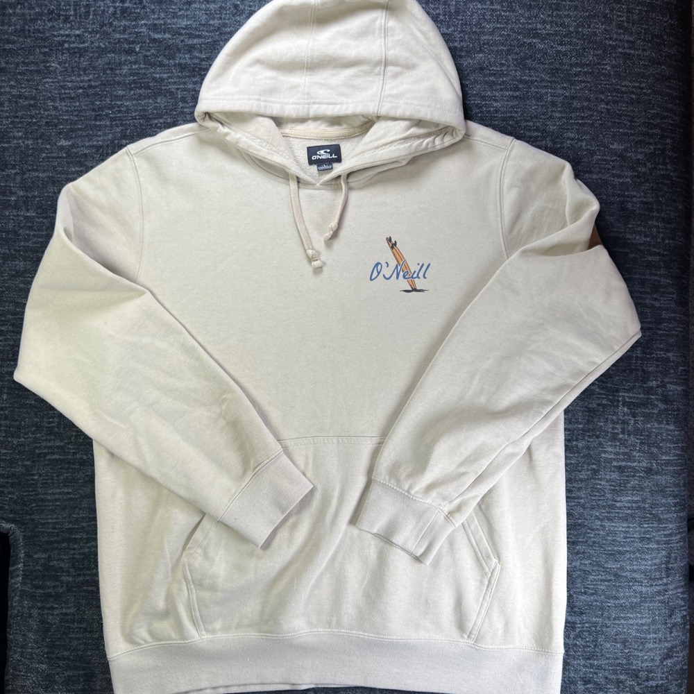 O'Neill Hoodie Mens Large Cream Skeleton Hammock Beach Graphic Pullover Fleece